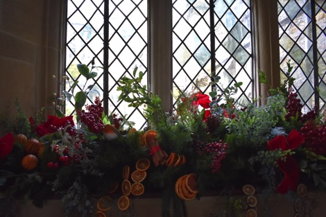Haddon Hall window decorated for Christmas